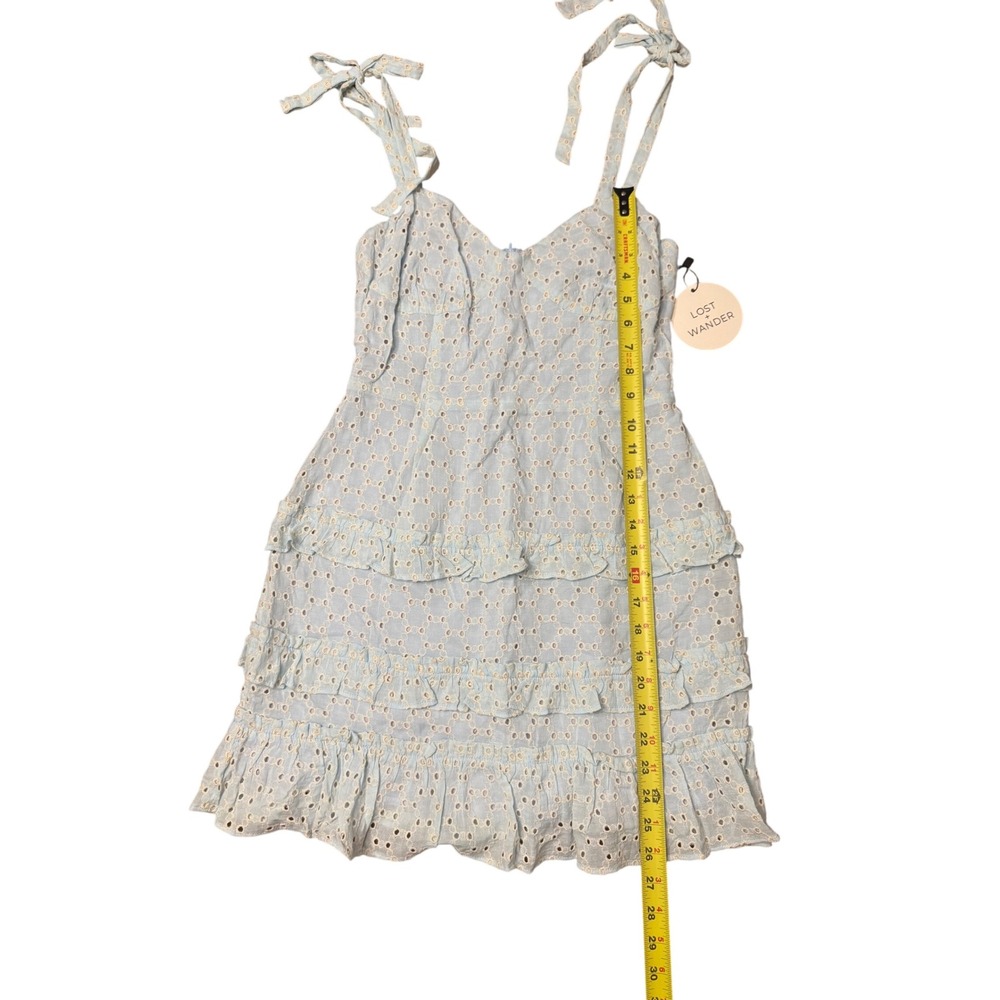Lost + Wander Blissful Blues Mini Dress Eyelet‎ Ruffle Tie Strap Smocked Blue - Picture 8 of 10